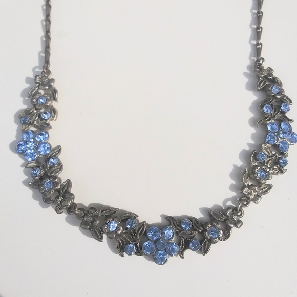 Rhinestone Floral Necklace, Silver and Blue - Picture 5 of 8